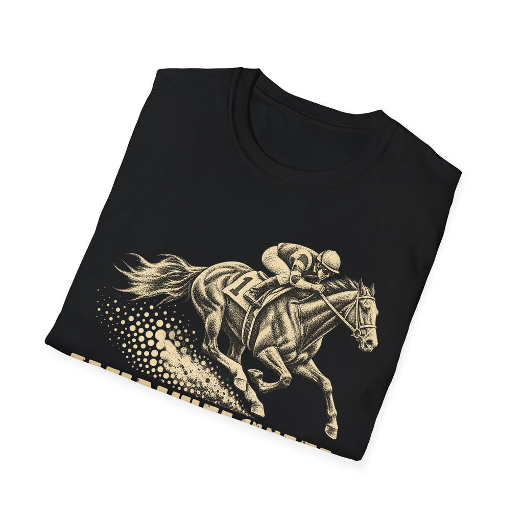 Black t-shirt with gold jockey and galloping racehorse graphic across chest