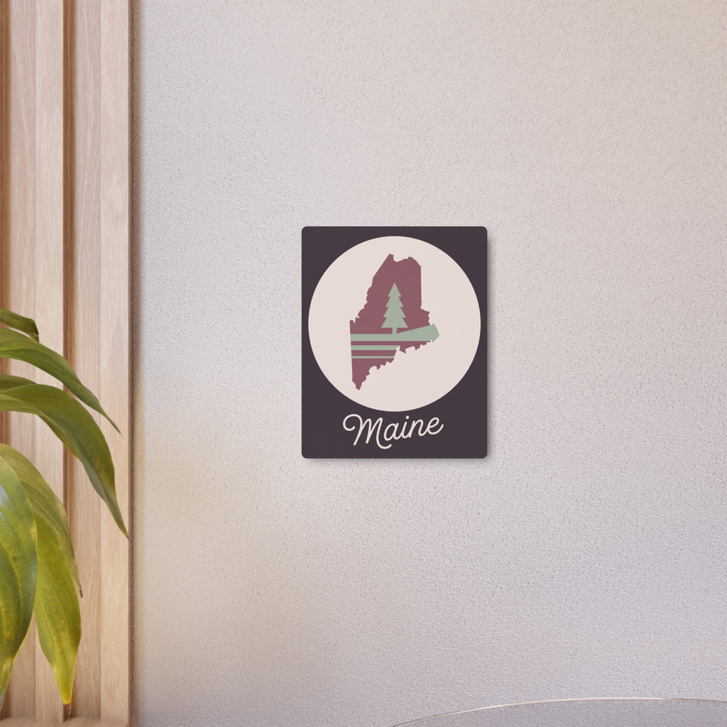 Maine pine tree metal wall art sign, small dark square with circular rose and sage design