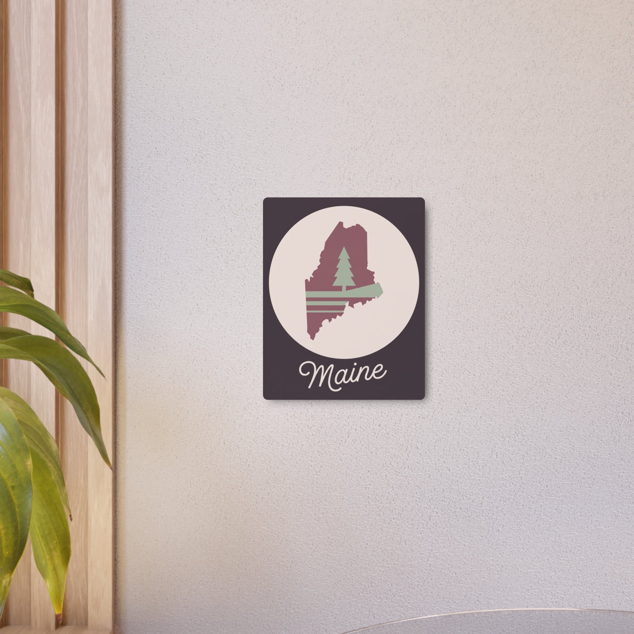 Maine pine tree metal wall art sign, small dark square with circular rose and sage design