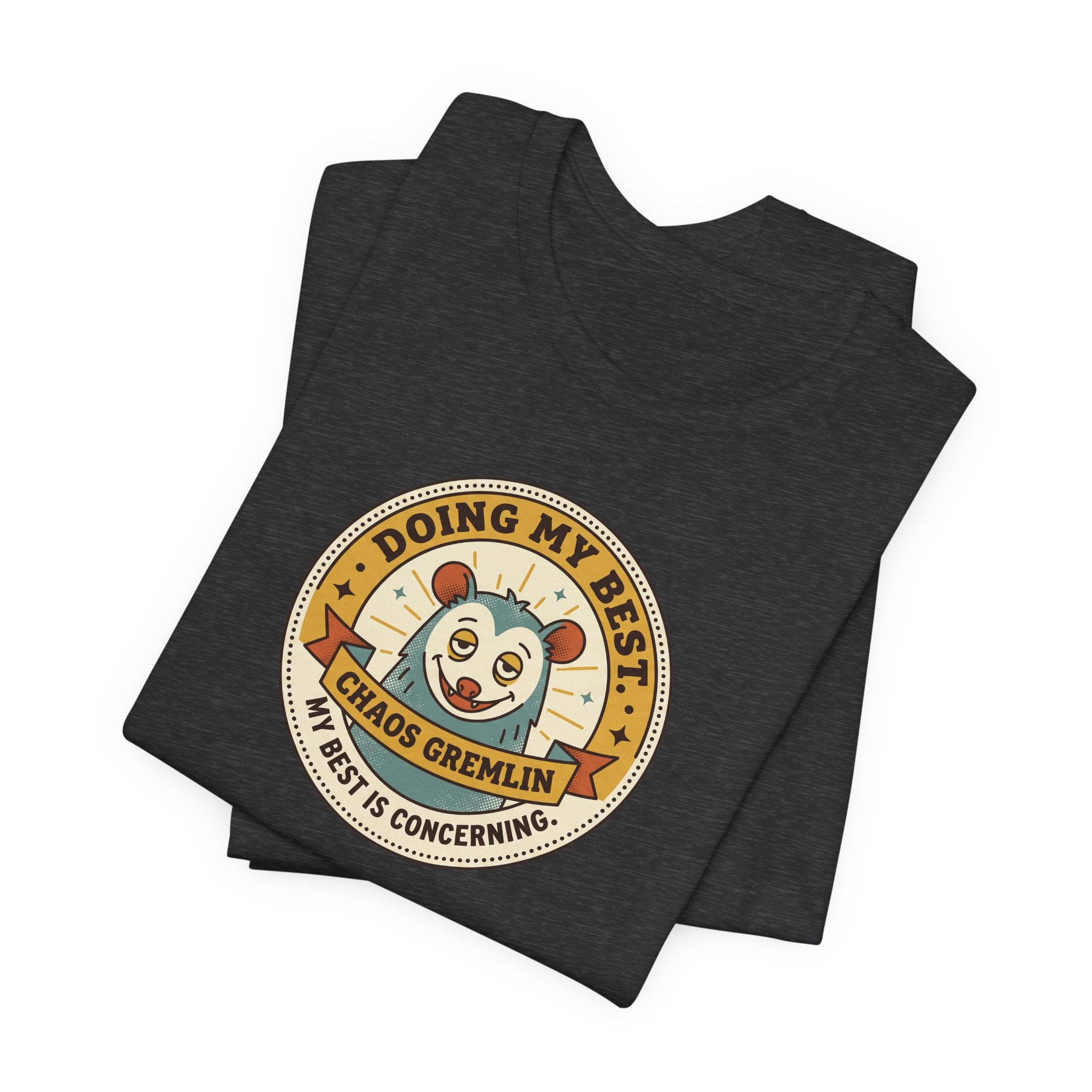 Black short-sleeve T-shirt with crew neck and round gremlin badge graphic