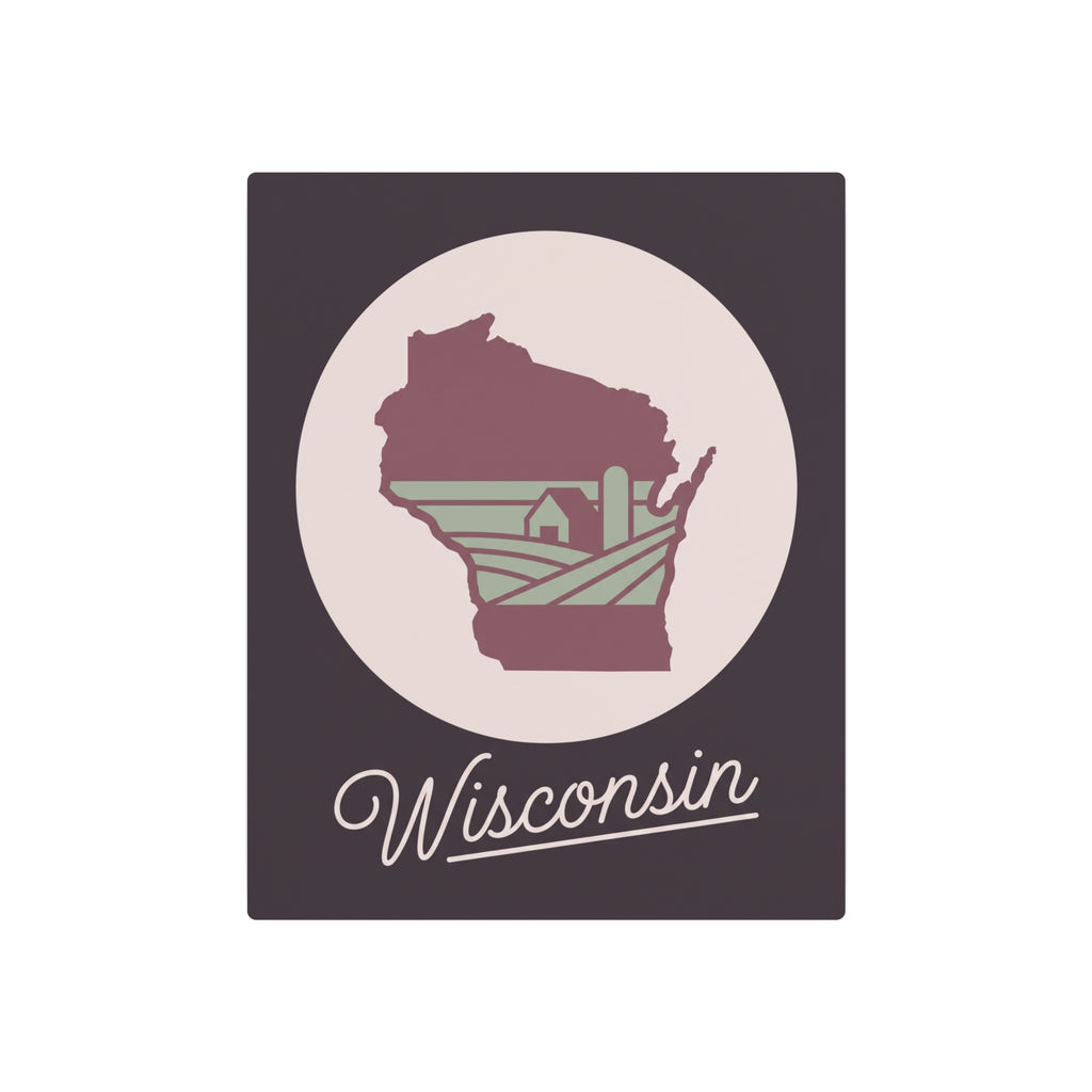 Maroon Wisconsin state silhouette metal wall art sign with circular emblem and “Wisconsin”