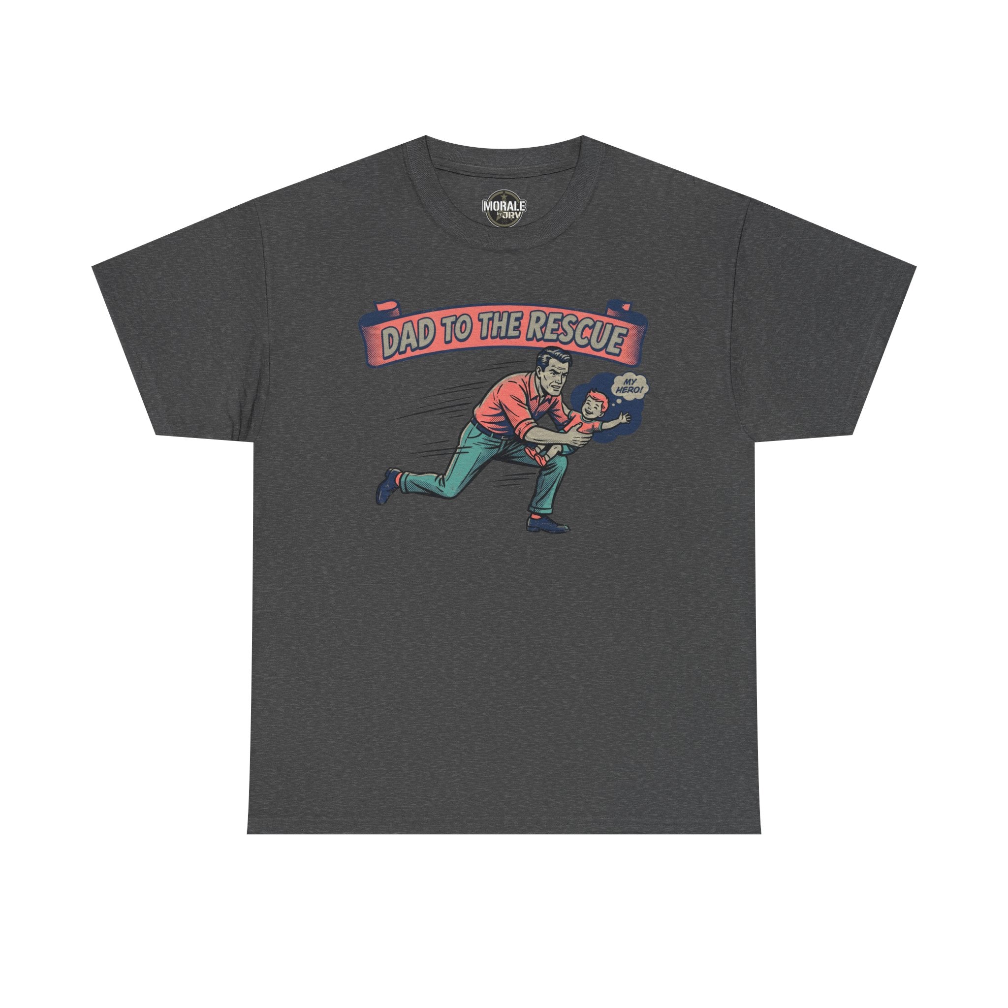 Dark heather gray “Dad to the Rescue” T-shirt with action dad graphic