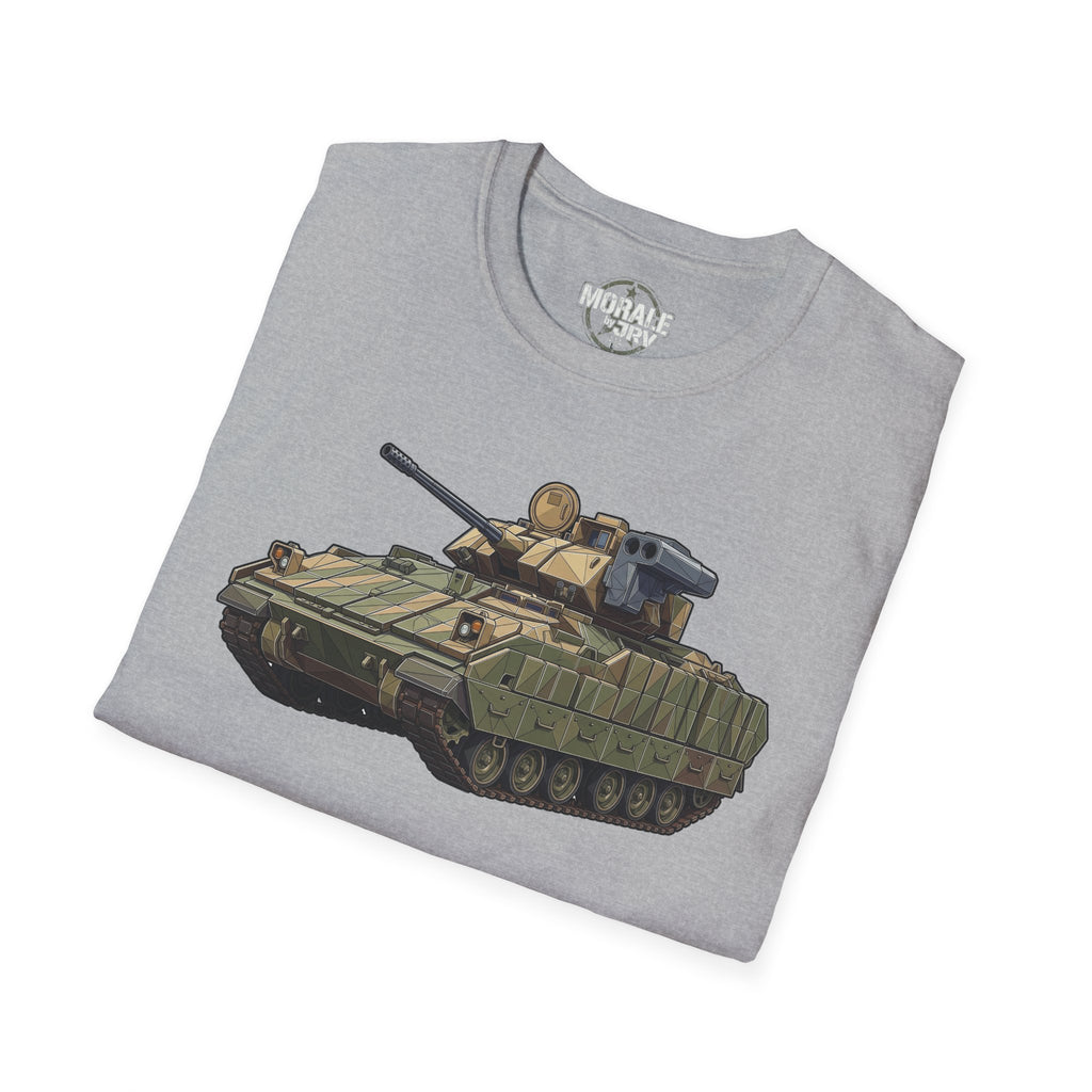 Hellgraues Tank-T-Shirt mit Panzer-Grafik in Olivgrün und Beige