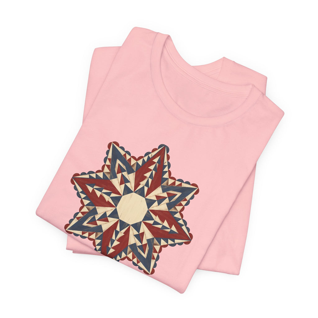 Pink crewneck T-shirt with front geometric star mandala graphic