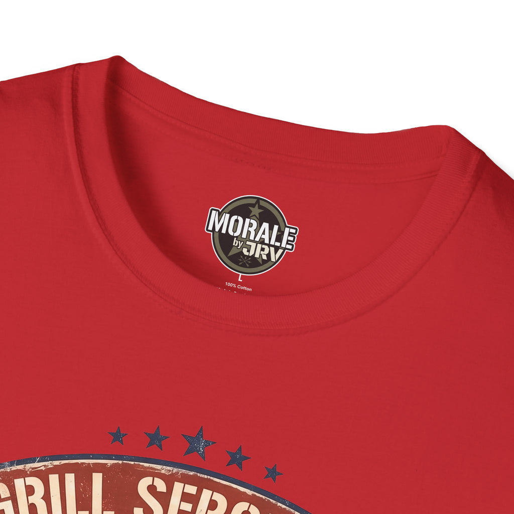 Red T-shirt with circular “Morale by Drive” logo at chest
