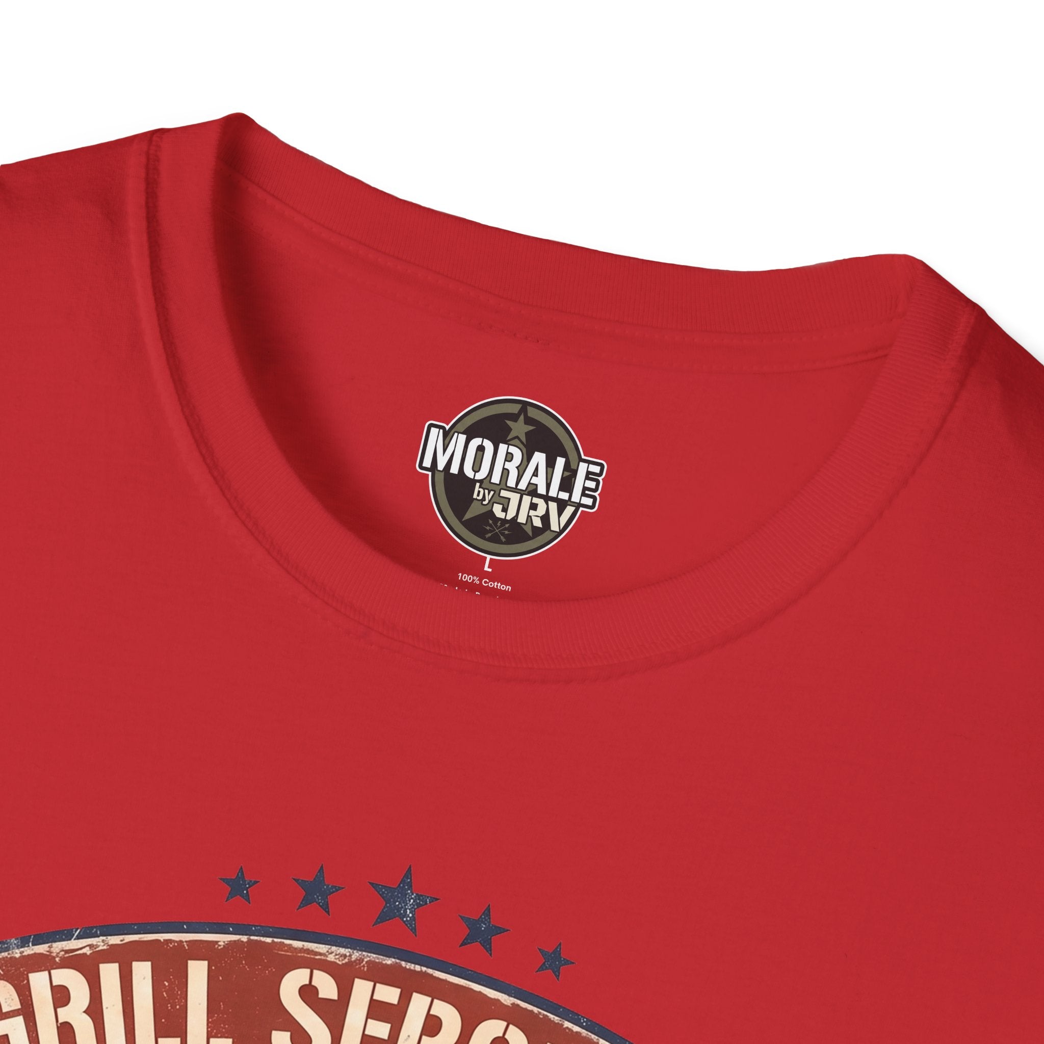 Red T-shirt with circular “Morale by Drive” logo at chest