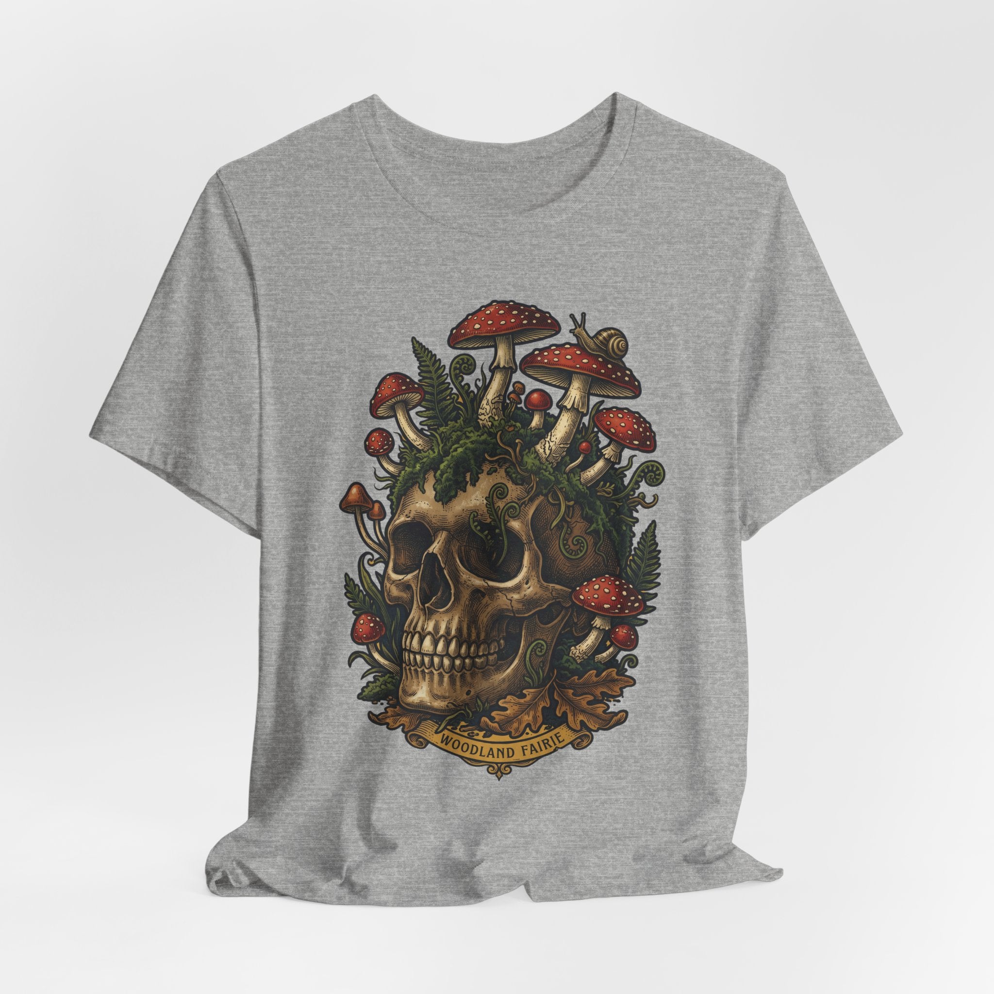 Mushroom skull graphic T-shirt, heather grey, front view with detailed skull and fungi