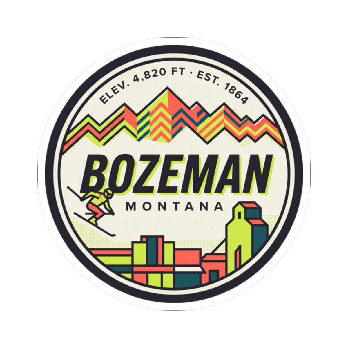Round Bozeman Montana sticker featuring multicolor mountains, skyline, and “Bozeman Montana” text
