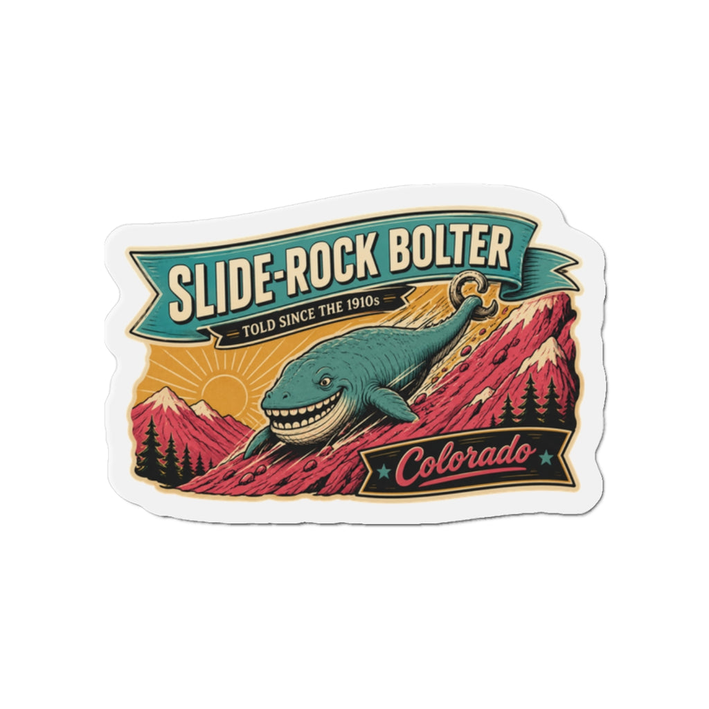Die-cut Colorado retro badge magnet with green sea monster over red mountain scene