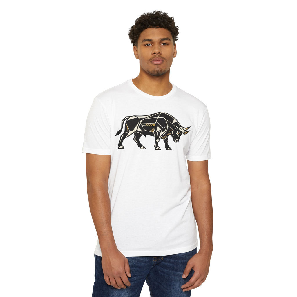 White bull graphic T-shirt with charging bull illustration on front
