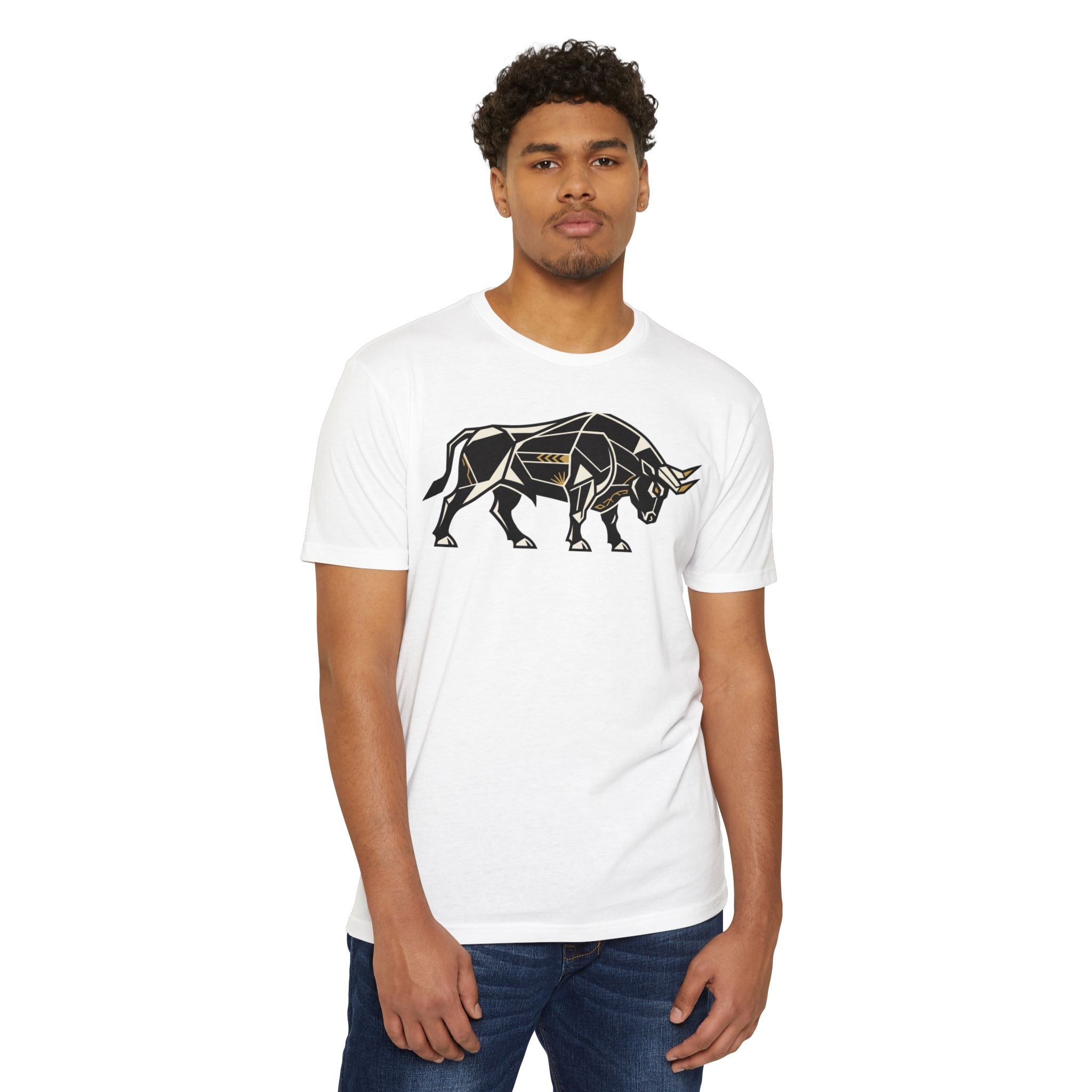 White bull graphic T-shirt with charging bull illustration on front