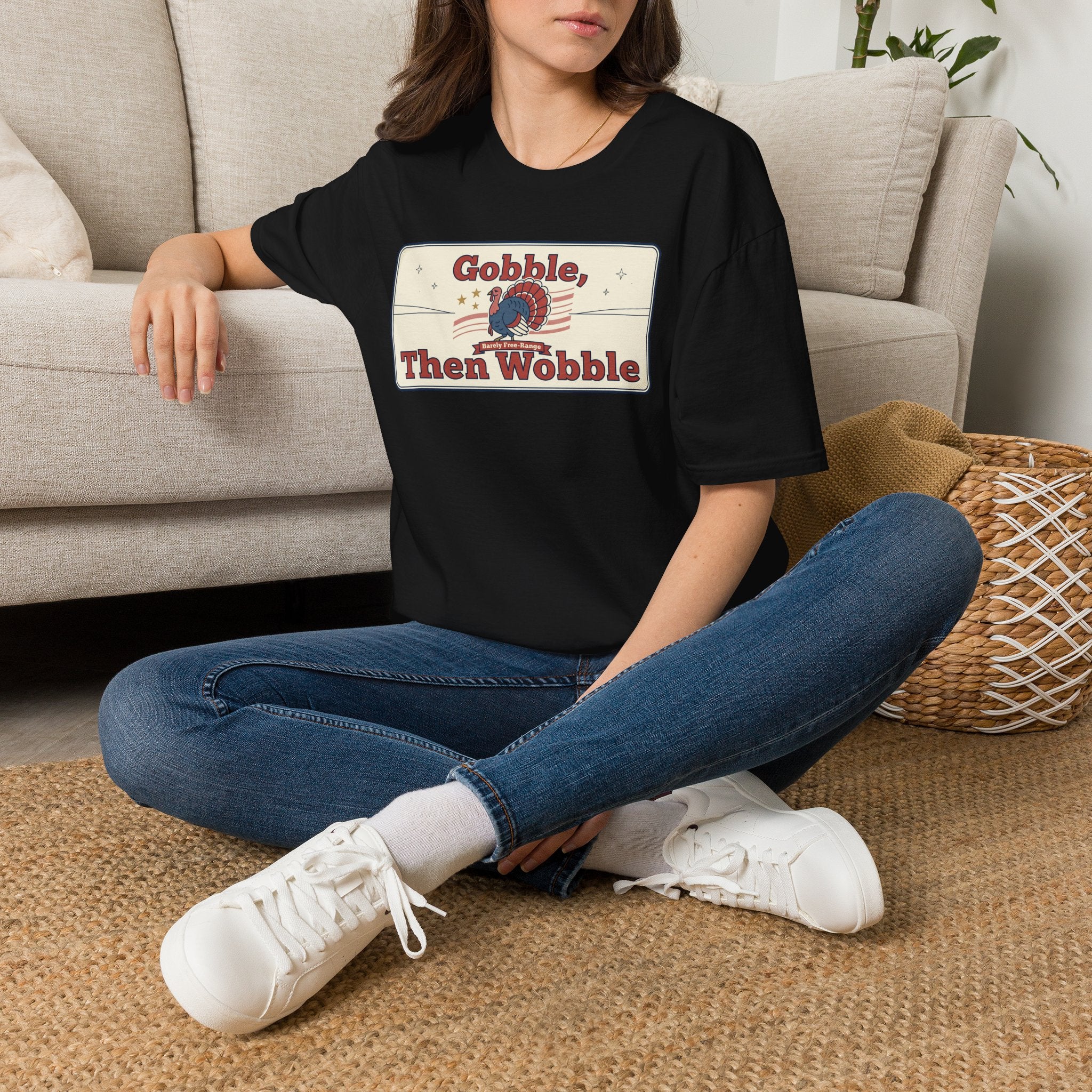 Black T-shirt worn by model, retro turkey “Gobble Then Wobble” graphic front