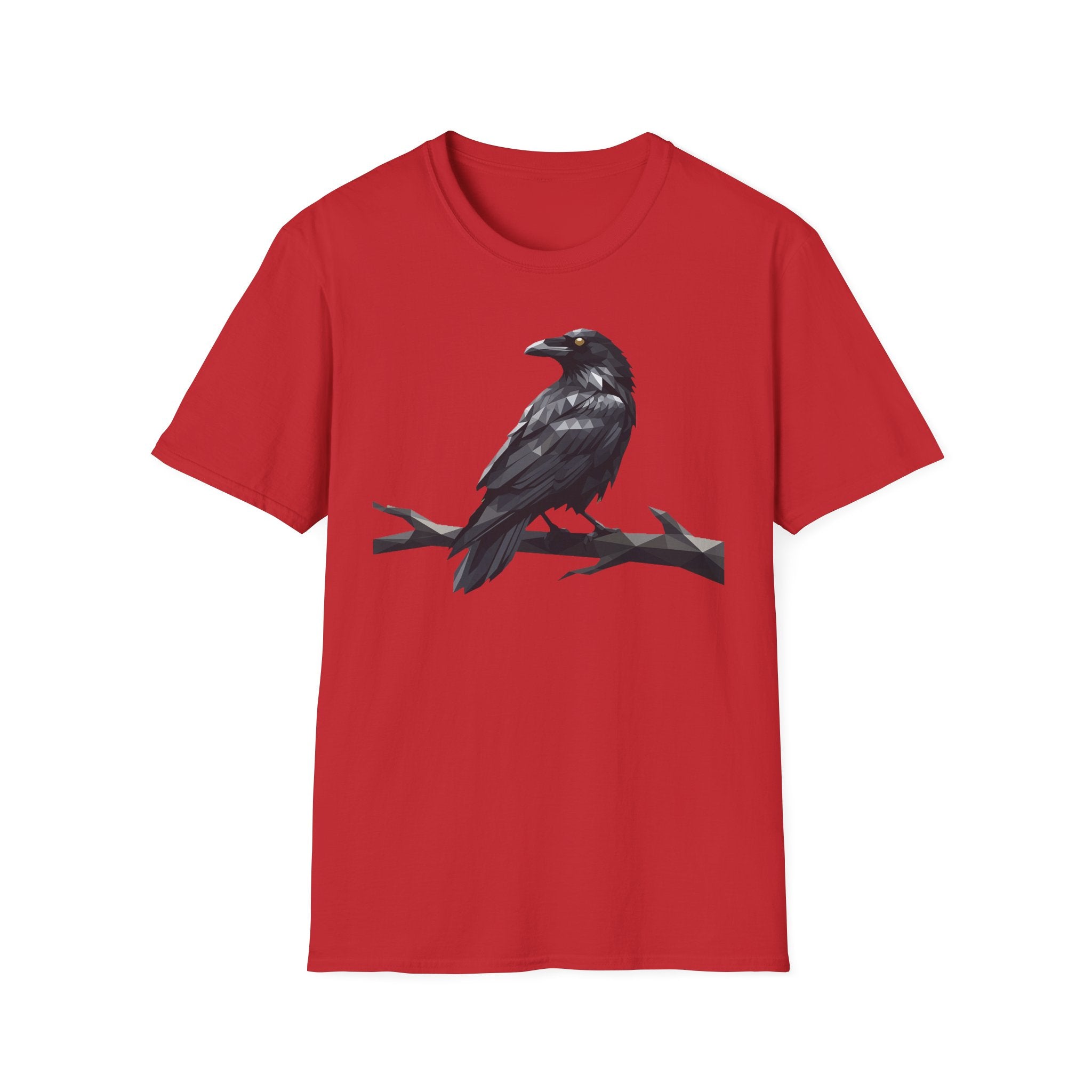 Red short-sleeve T-shirt with centered raven bird graphic.