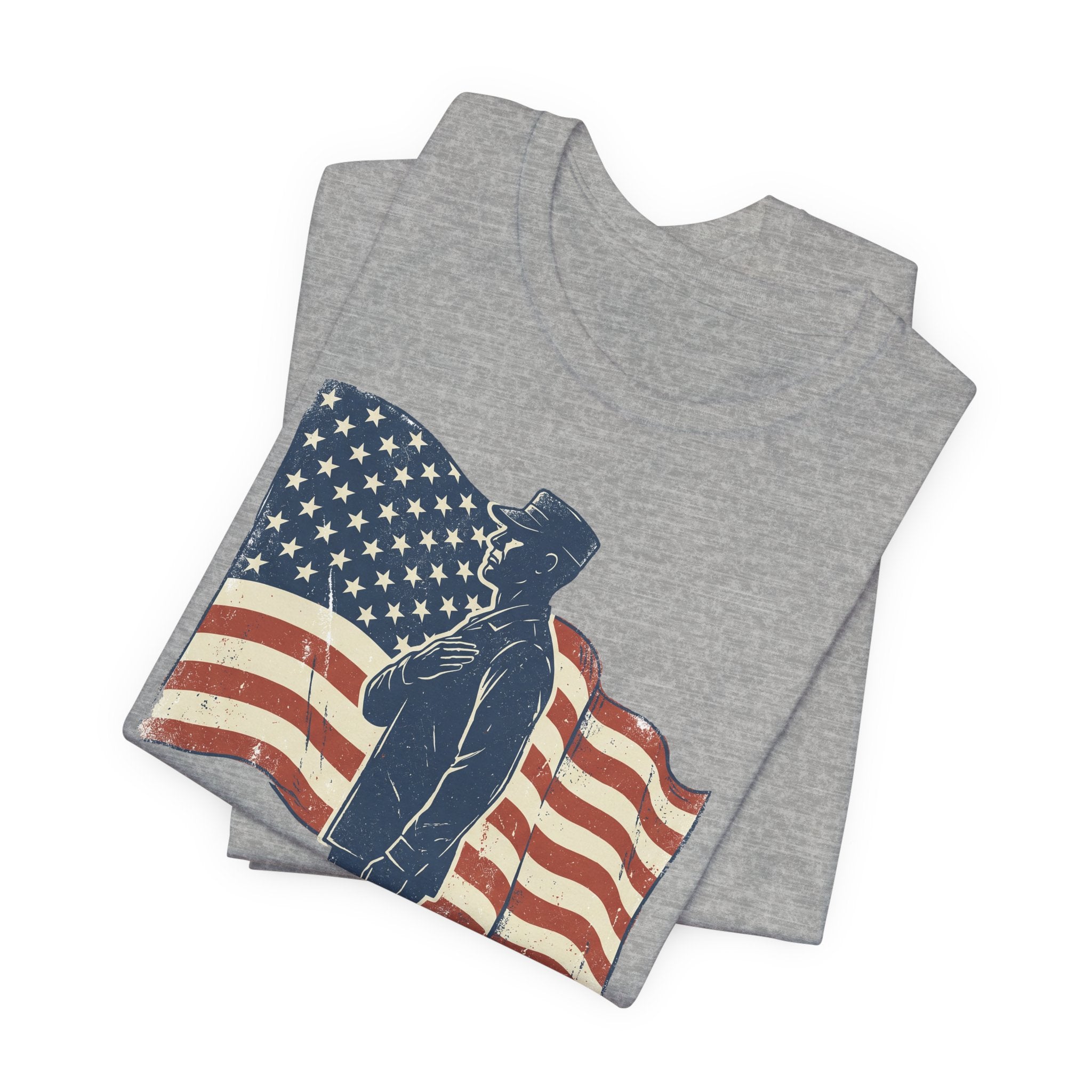 Heather gray T-shirt pair with saluting soldier and American flag graphic
