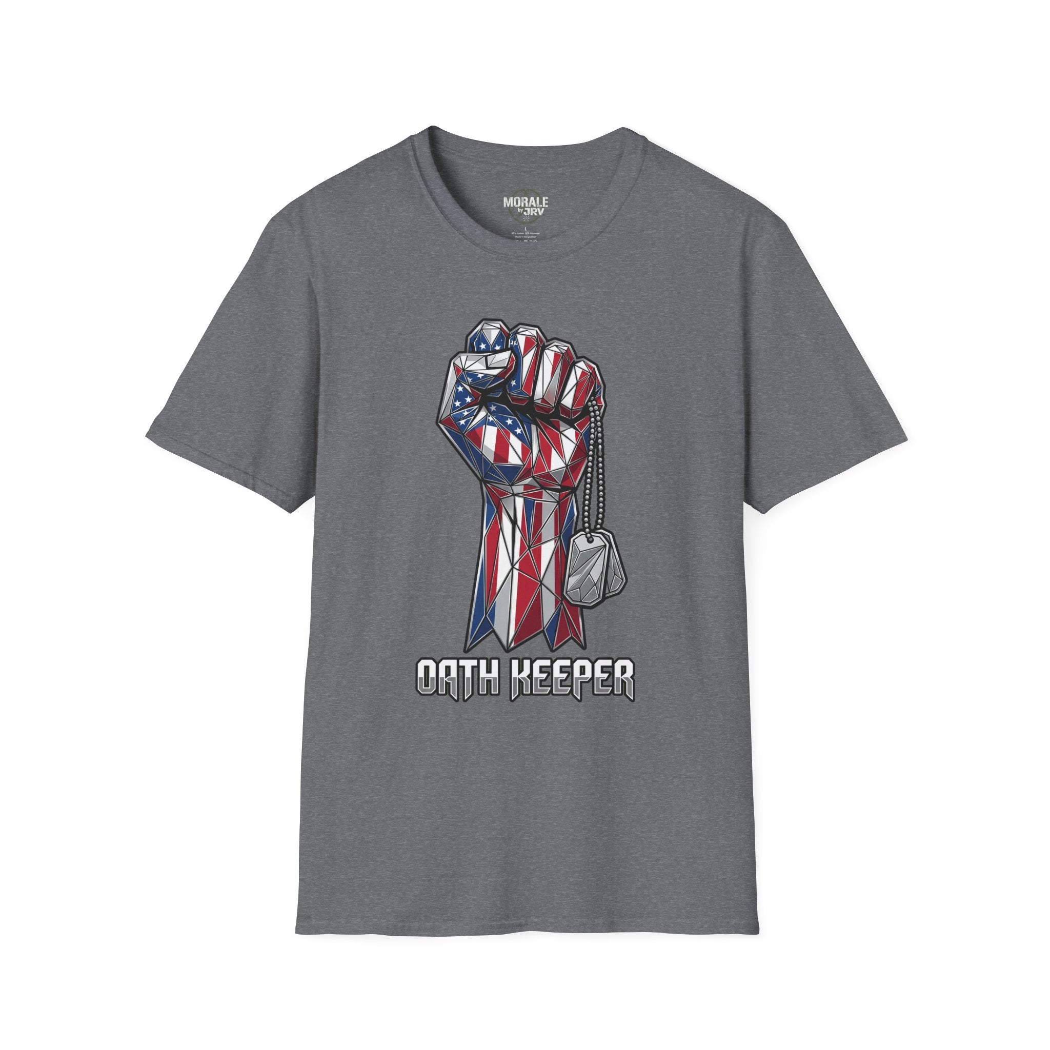Patriotic Fist T-Shirt, dark heather gray with American flag fist and dog tags