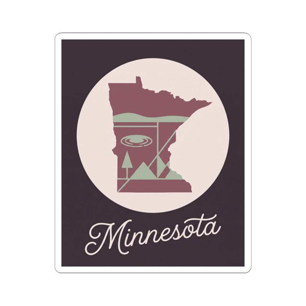 Minnesota state outline decal, circular lake graphic and script “Minnesota” on dark background