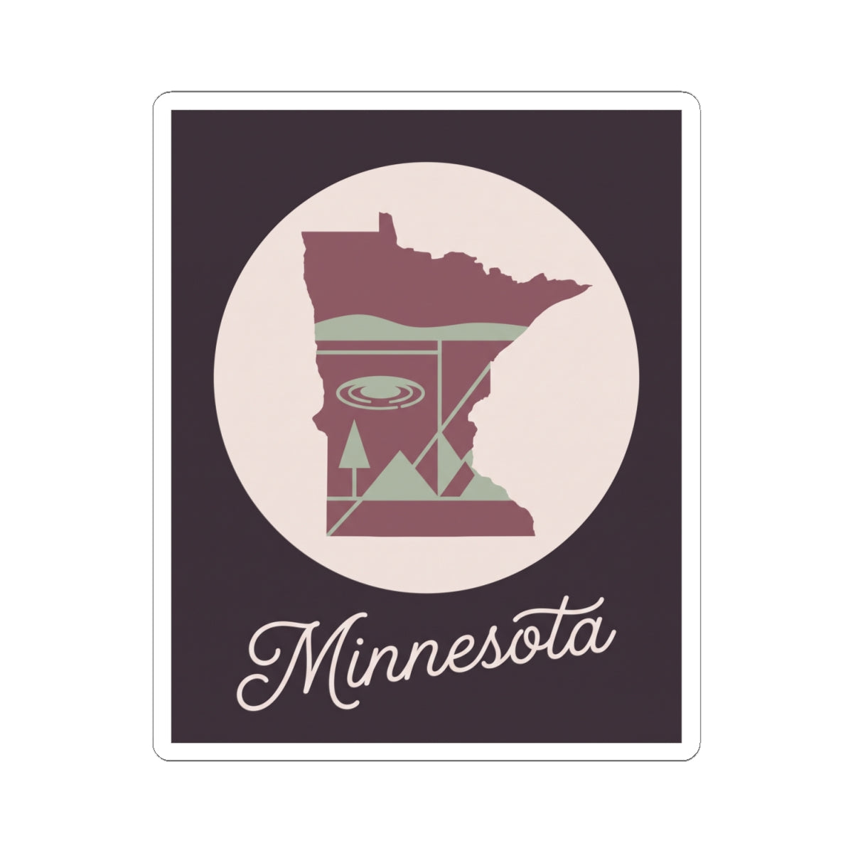 Minnesota state outline decal, circular lake graphic and script “Minnesota” on dark background