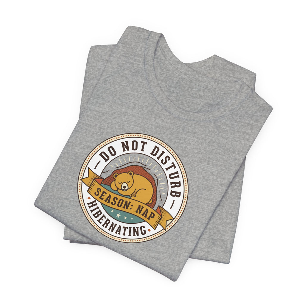 Do Not Disturb hibernating bear T-shirt, grey heather with circular bear graphic
