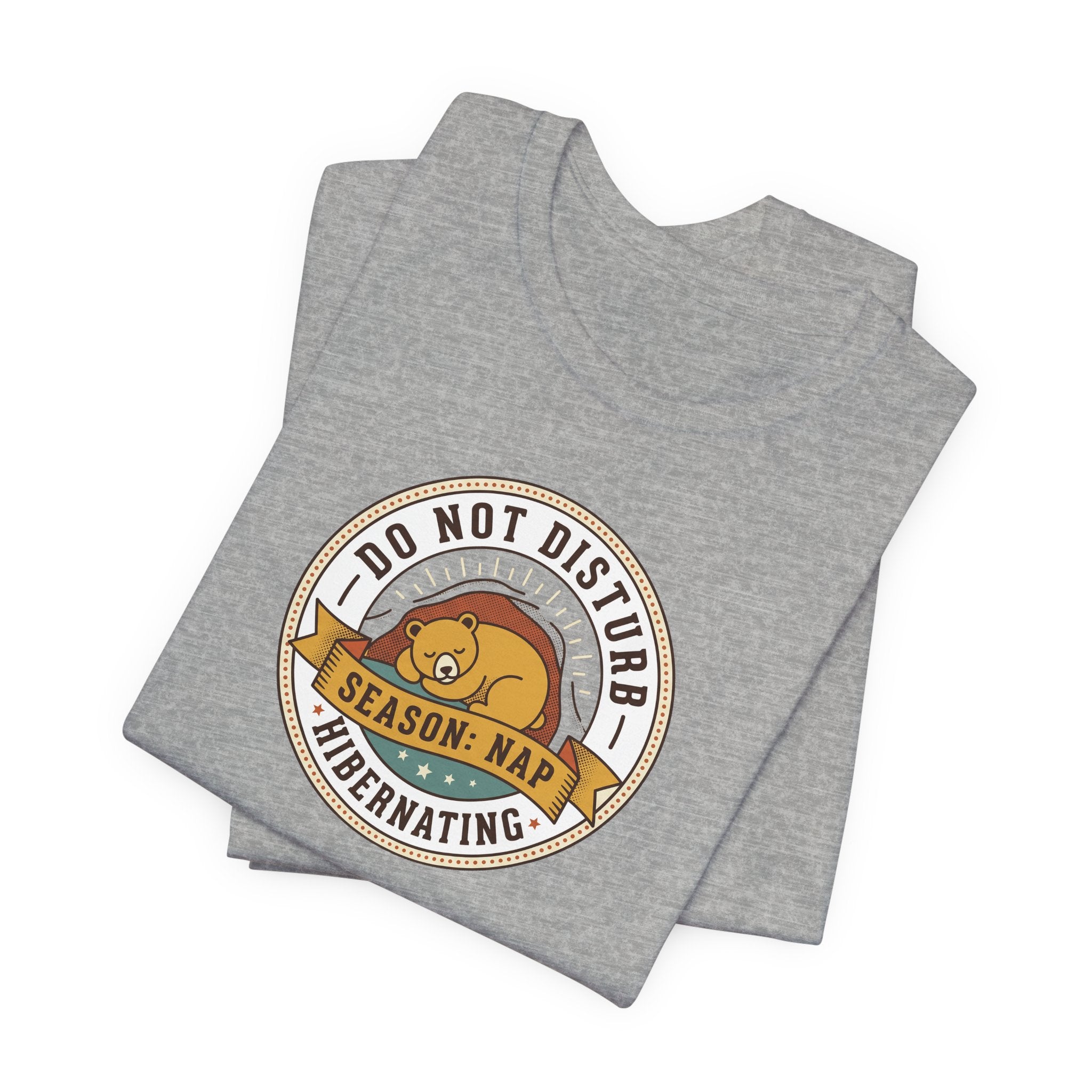 Do Not Disturb hibernating bear T-shirt, grey heather with circular bear graphic