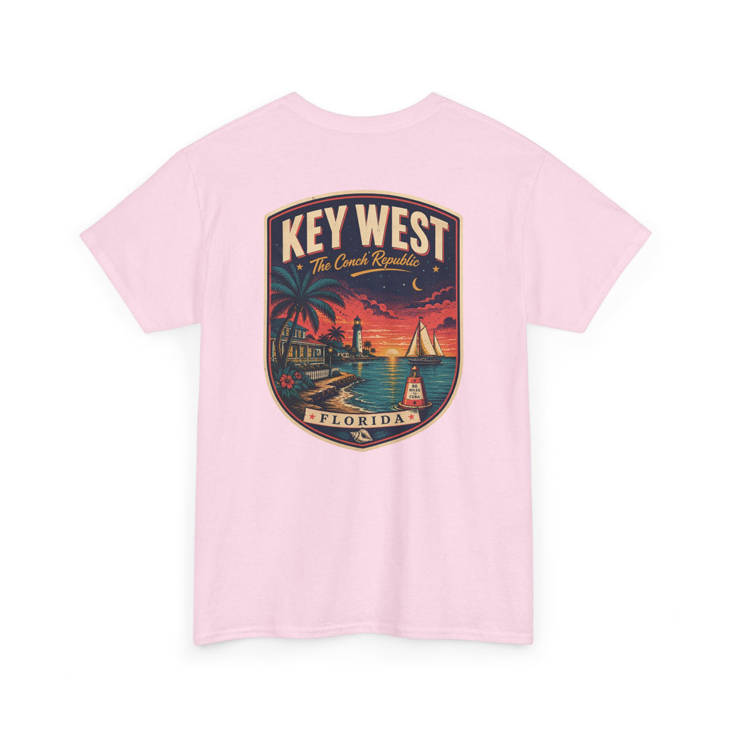 Light pink crewneck T-shirt with Key West Florida badge lighthouse print.