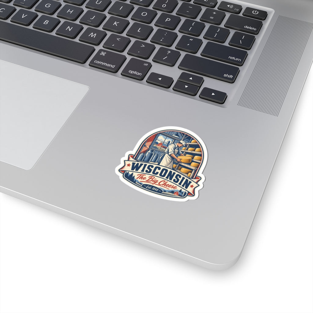 Wisconsin state cheese sticker decal, oval multicolor cheese and banner design