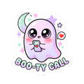 Kawaii ghost phone sticker with smiling eyes, tongue-out charm, heart icon, Boo-ty Call