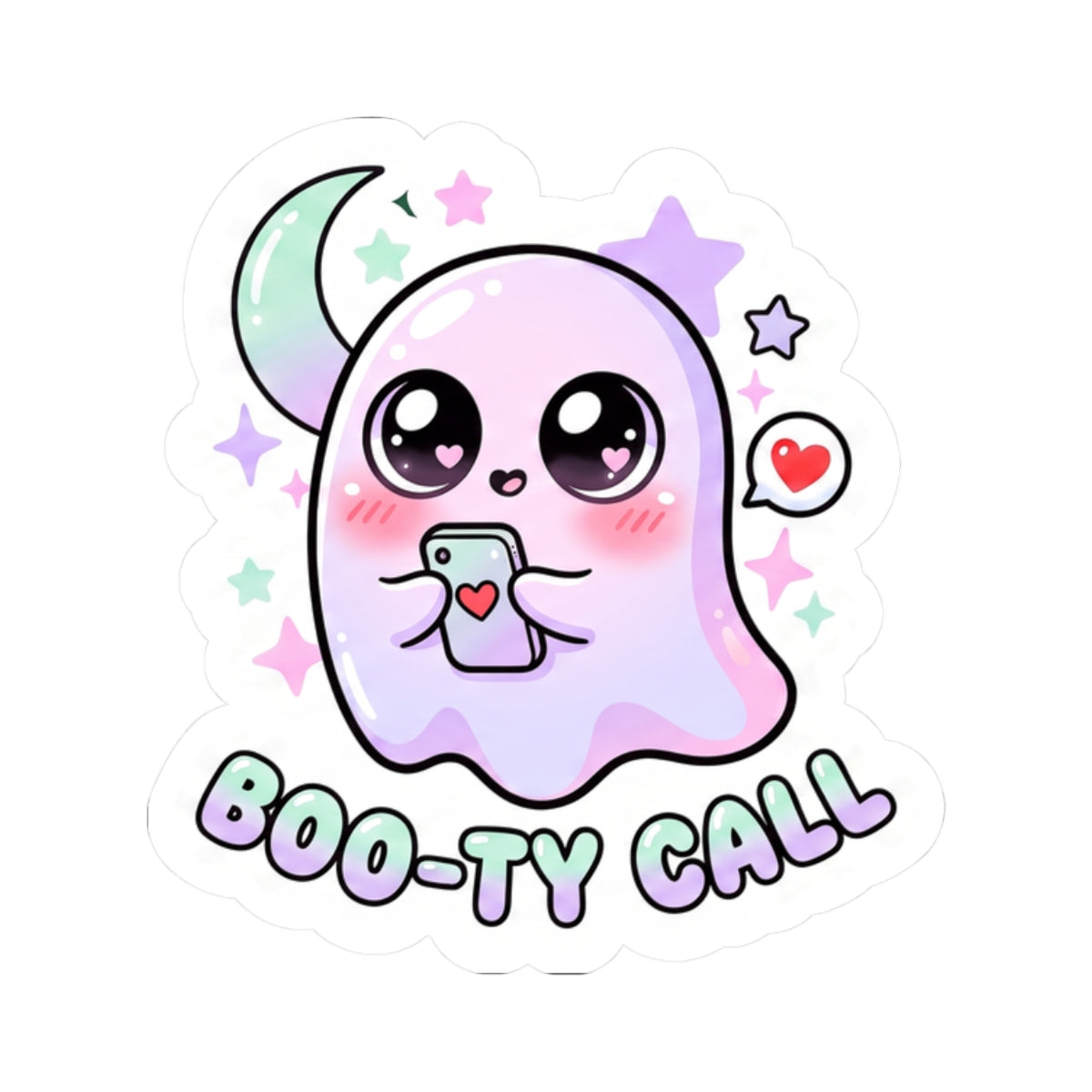 Kawaii ghost phone sticker with smiling eyes, tongue-out charm, heart icon, Boo-ty Call