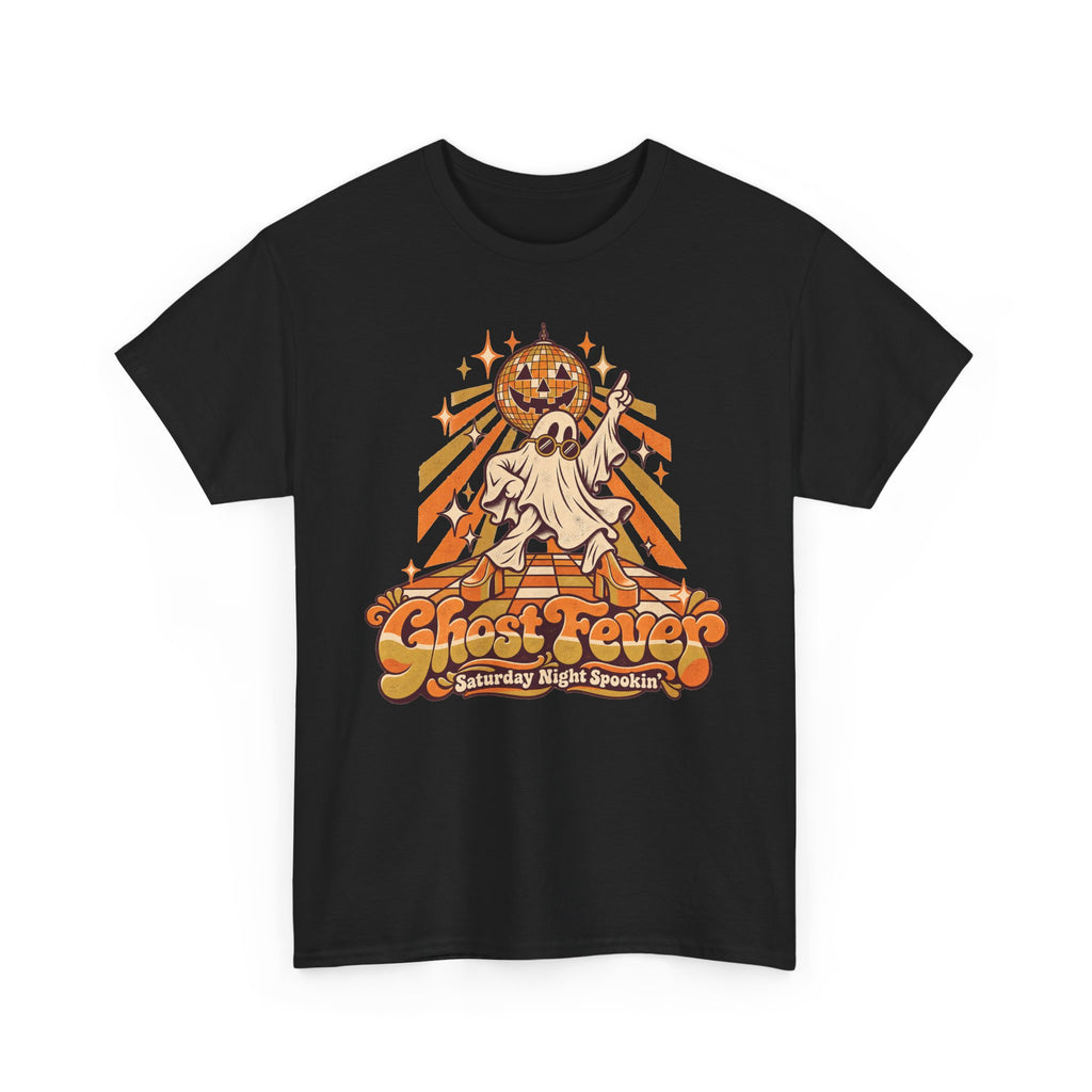 Black Halloween graphic t-shirt with dancing ghost, disco ball, and jack-o-lantern art