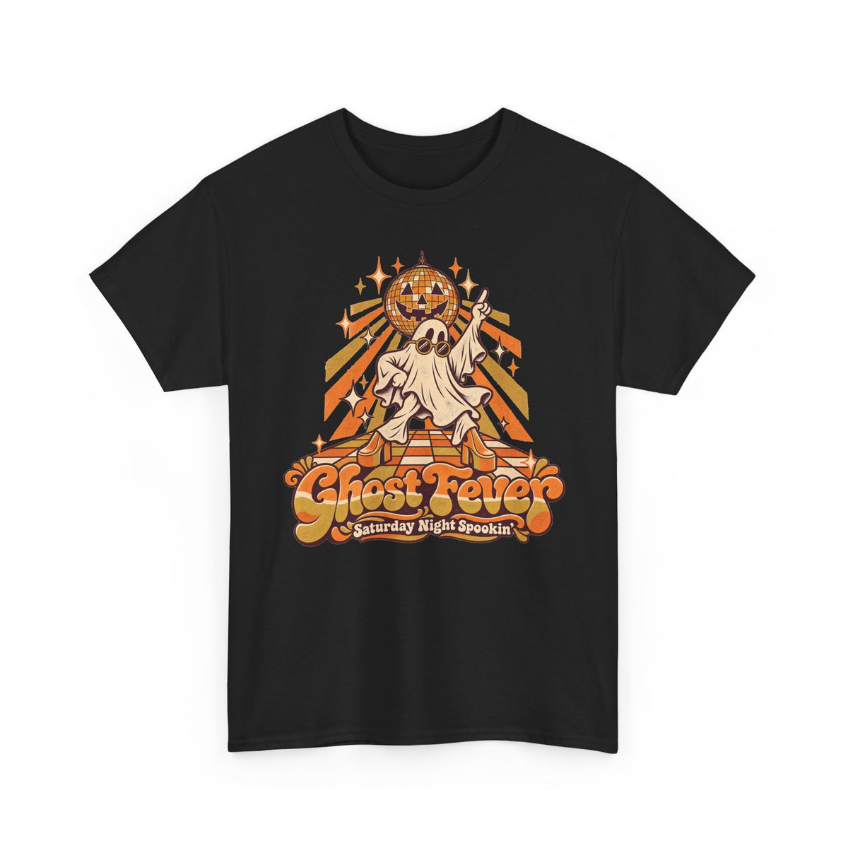 Black Halloween graphic t-shirt with dancing ghost, disco ball, and jack-o-lantern art