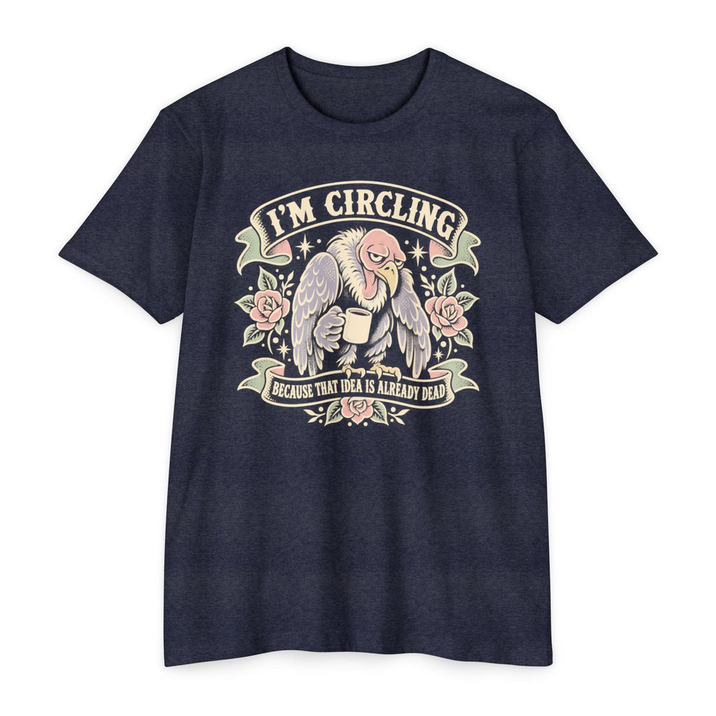 Navy vulture graphic T-shirt with winged face and “I’m circling” text