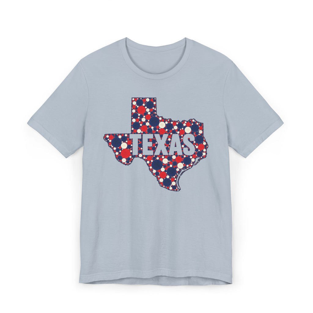Powder blue Texas map graphic T-shirt with polka dot outline and “TEXAS” text