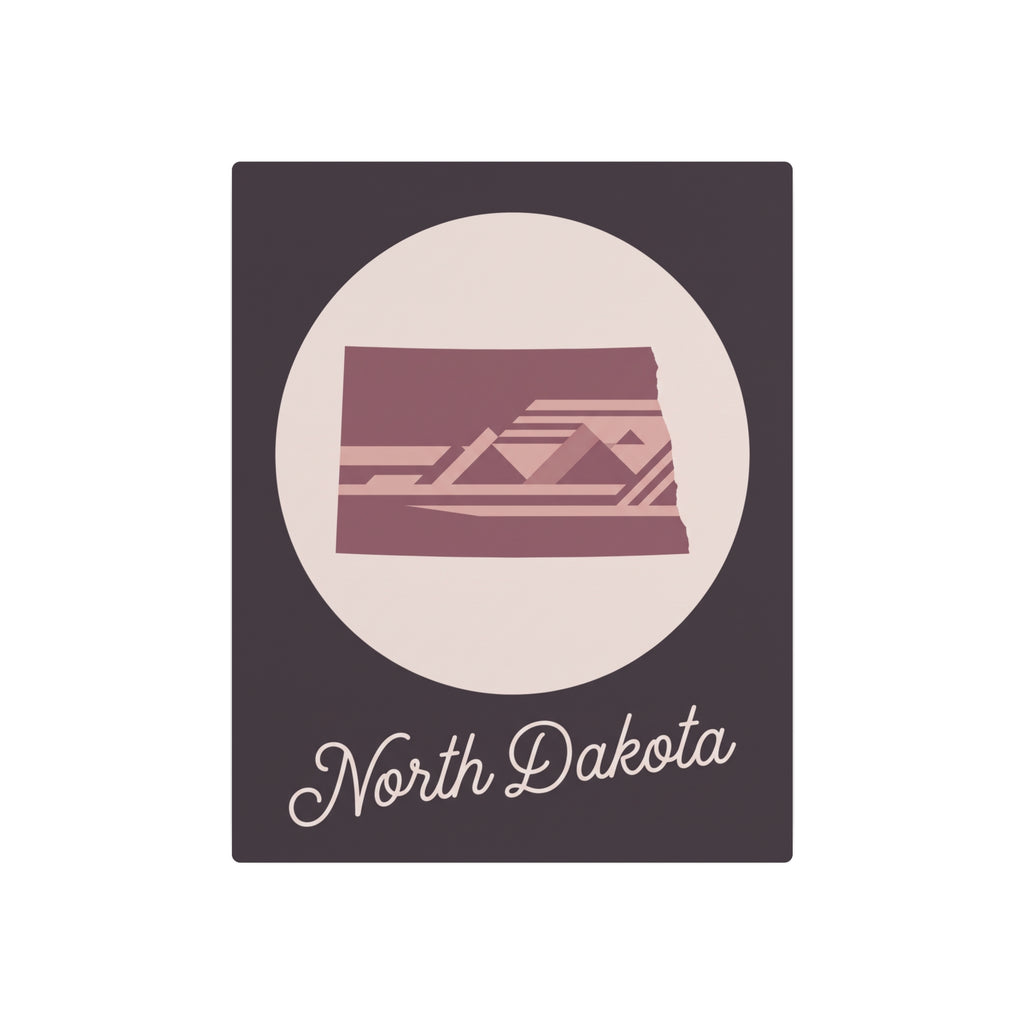 North Dakota metal wall art with circular mauve emblem and cursive 'North Dakota' lettering