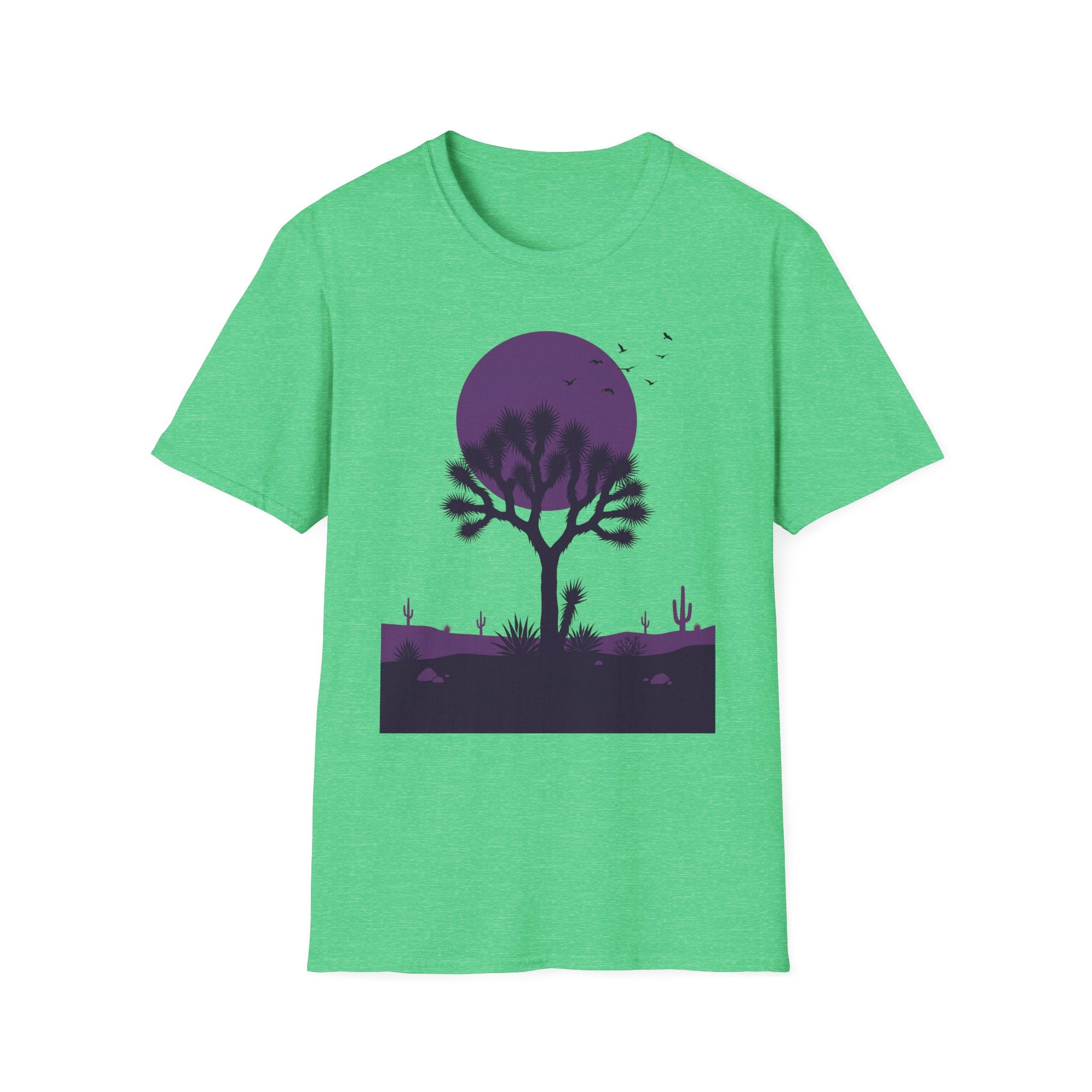 Bright green T-shirt with purple moon and Joshua tree desert landscape silhouette graphic