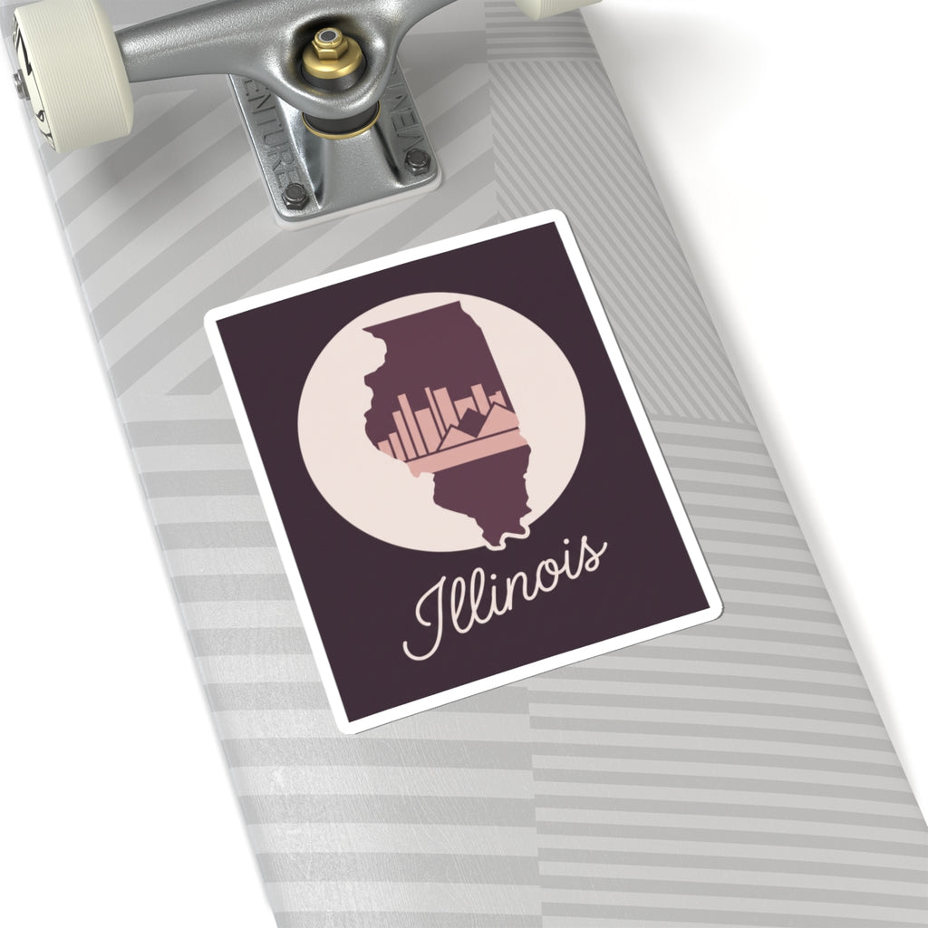 Mauve Illinois state silhouette vinyl sticker with white circle and “Illinois” cursive text
