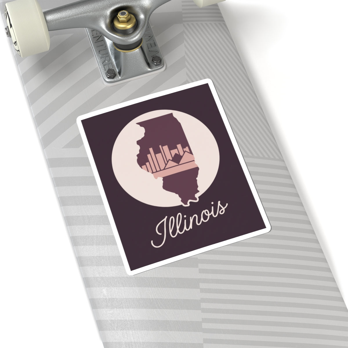 Mauve Illinois state silhouette vinyl sticker with white circle and “Illinois” cursive text