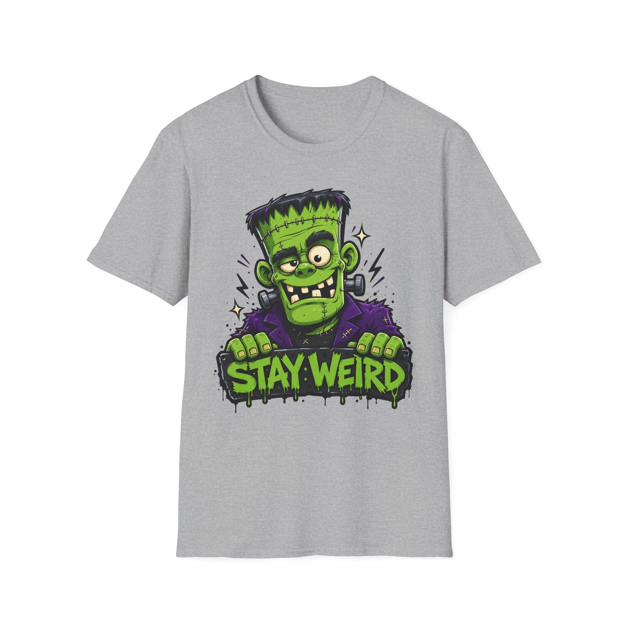 Gray T-shirt with green cartoon Frankenstein monster and “Stay Weird” text