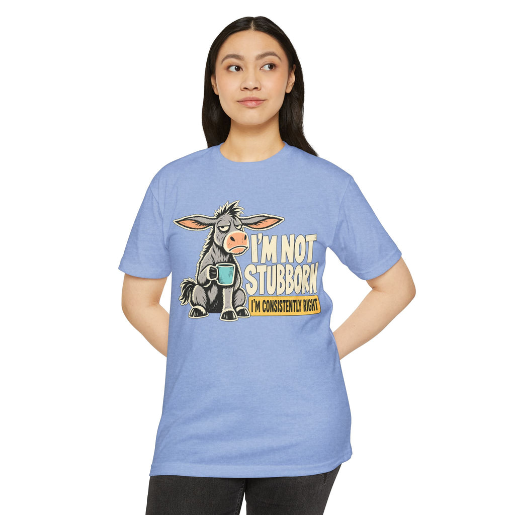 Light blue crewneck T-shirt with colorful stubborn donkey graphic on the front