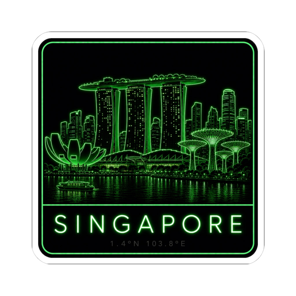 Neon city skyline sticker with green glow, rounded square border and “SINGAPORE”