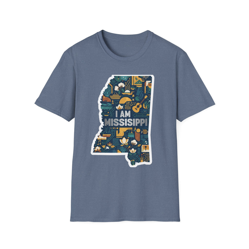 Heather Navy T-shirt with colorful Mississippi state map graphic and "I AM MISSISSIPPI" text