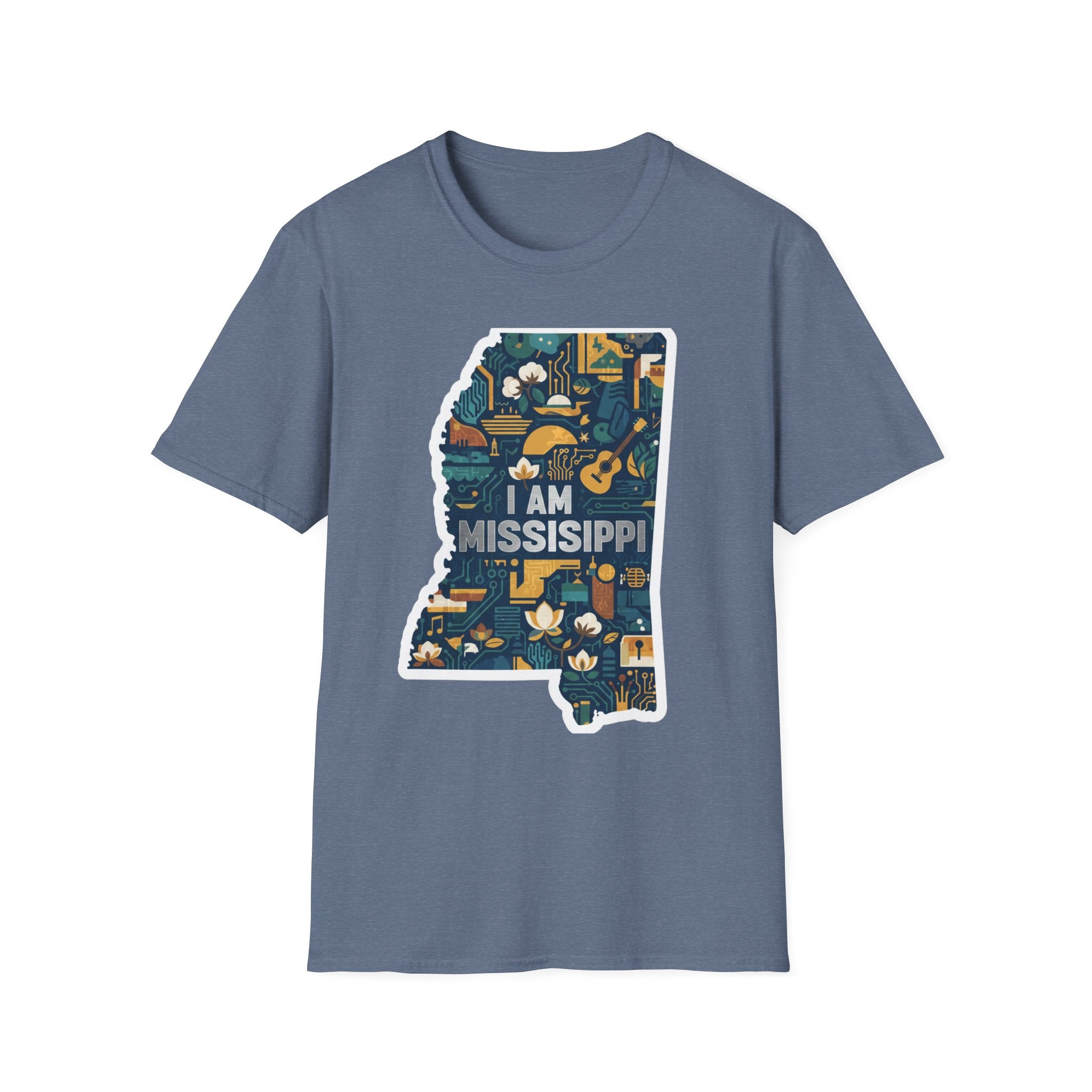 Heather Navy T-shirt with colorful Mississippi state map graphic and "I AM MISSISSIPPI" text