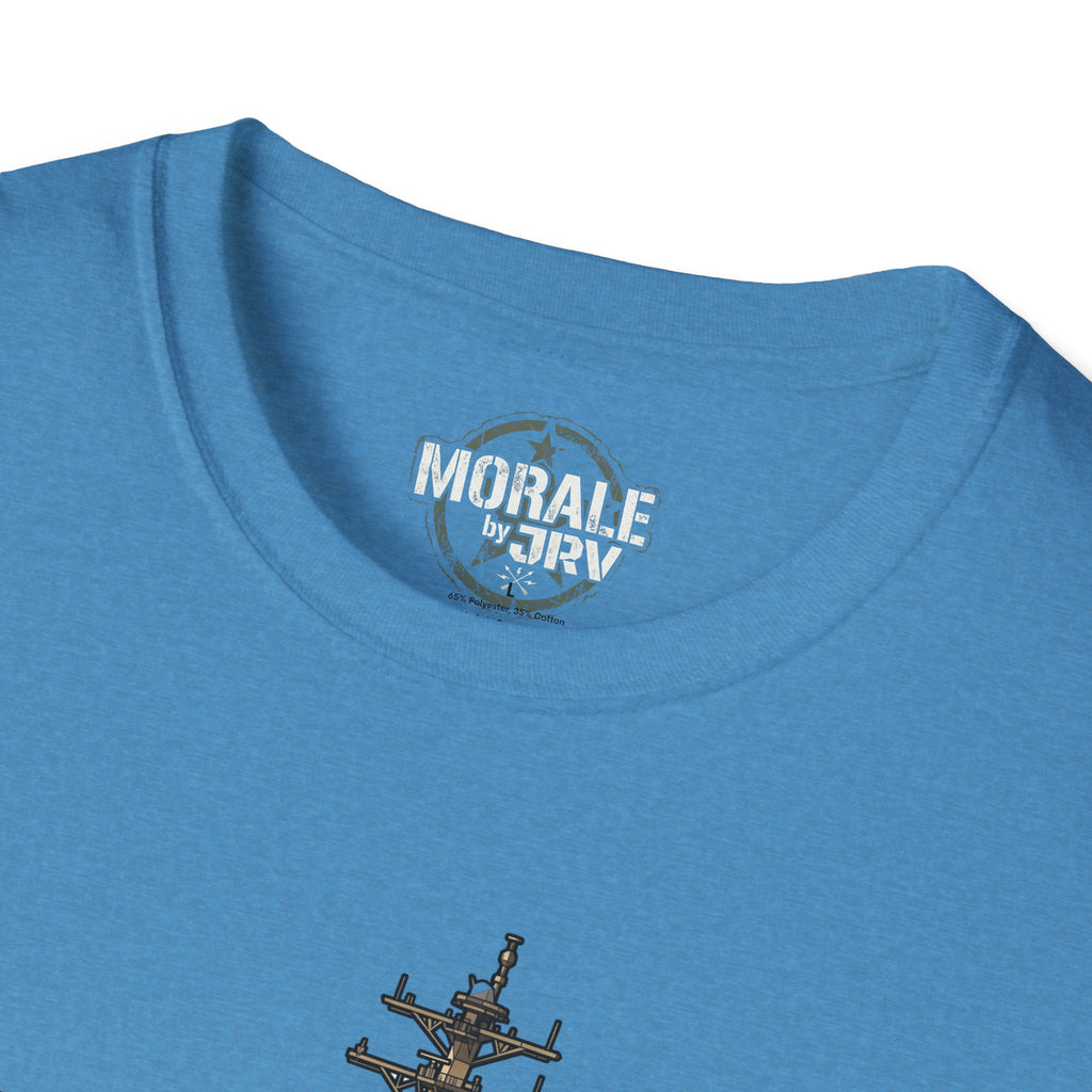 Light blue T-shirt neckline with “MORALE by TRV” logo