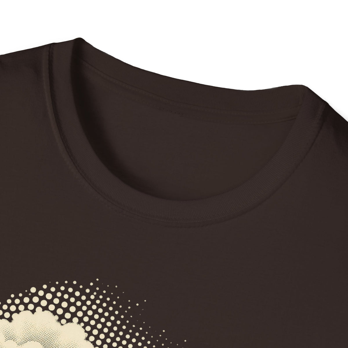 Dark brown crew-neck T-shirt neckline with partial halftone dot graphic