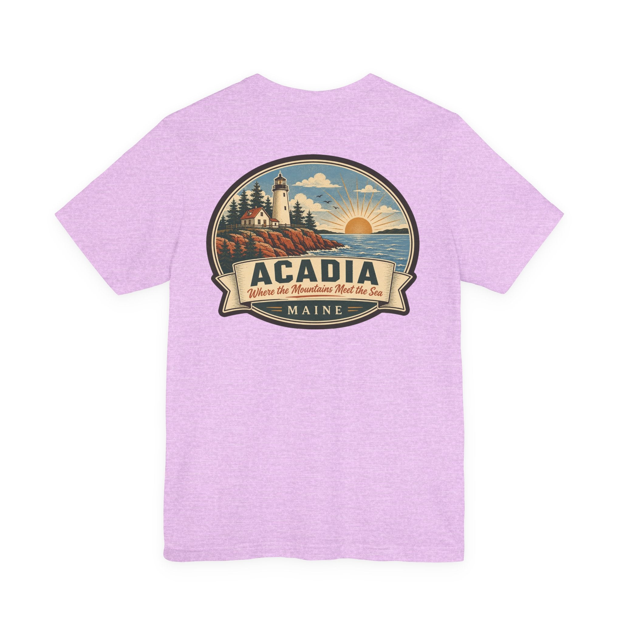 Lilac crew-neck t-shirt with large oval scenic Acadia graphic on the chest