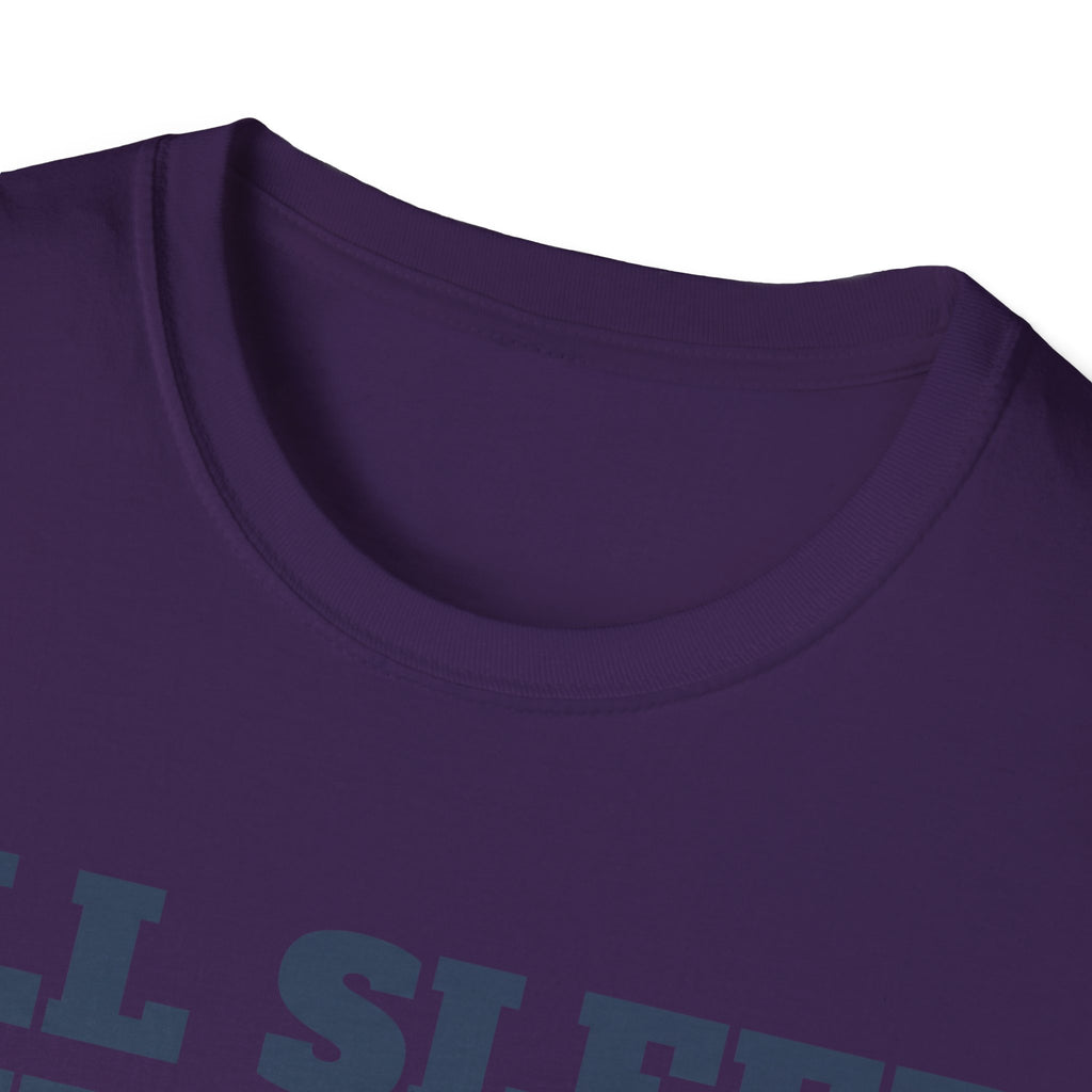 Purple crew-neck T-shirt collar with partial graphic print