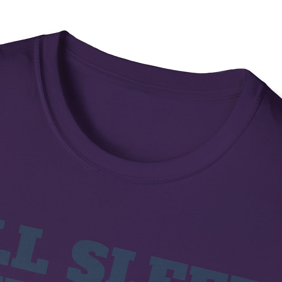 Purple crew-neck T-shirt collar with partial graphic print