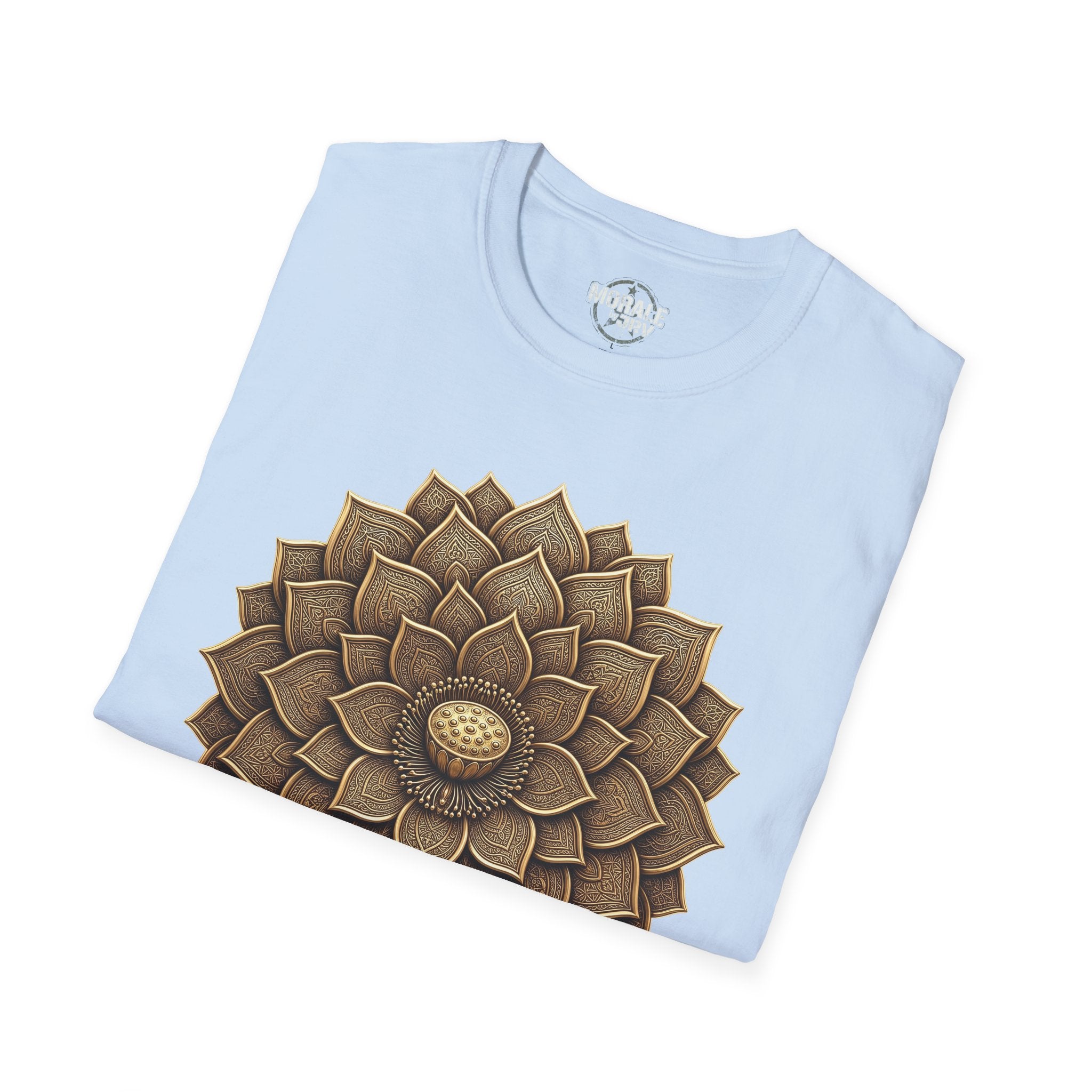 Light blue T-shirt with gold geometric flower mandala front graphic