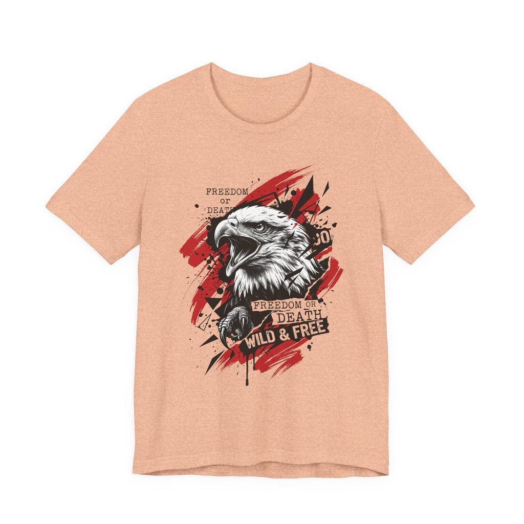 Beige/gold eagle graphic T-shirt with red splatter circle and front eagle head print