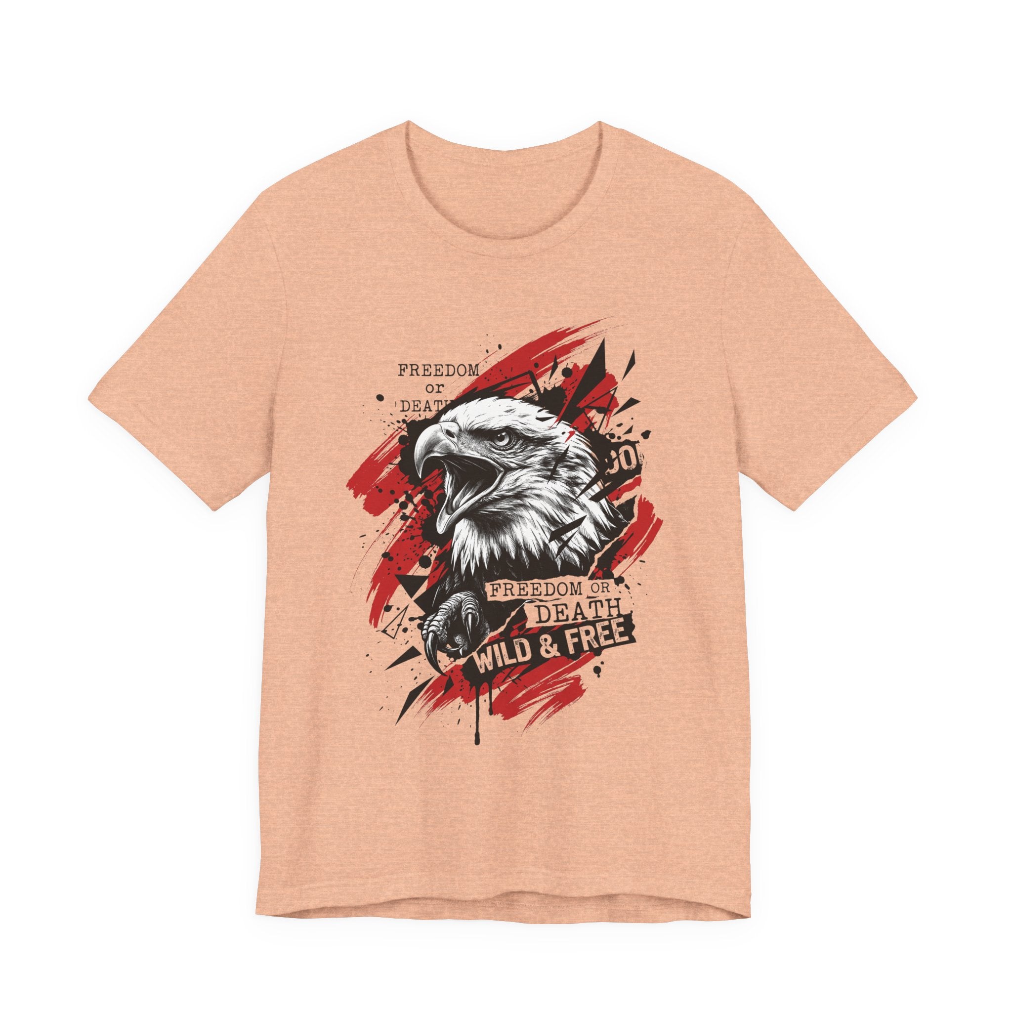 Beige/gold eagle graphic T-shirt with red splatter circle and front eagle head print