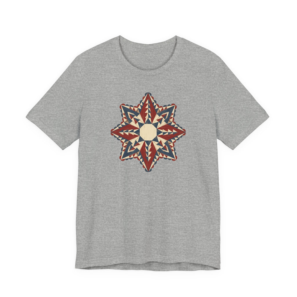 Heather gray graphic tee with colorful star mandala geometric compass print