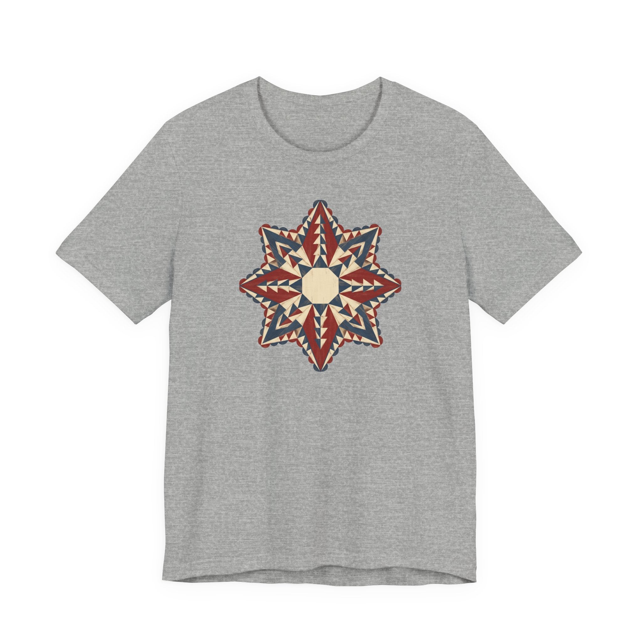 Heather gray graphic tee with colorful star mandala geometric compass print